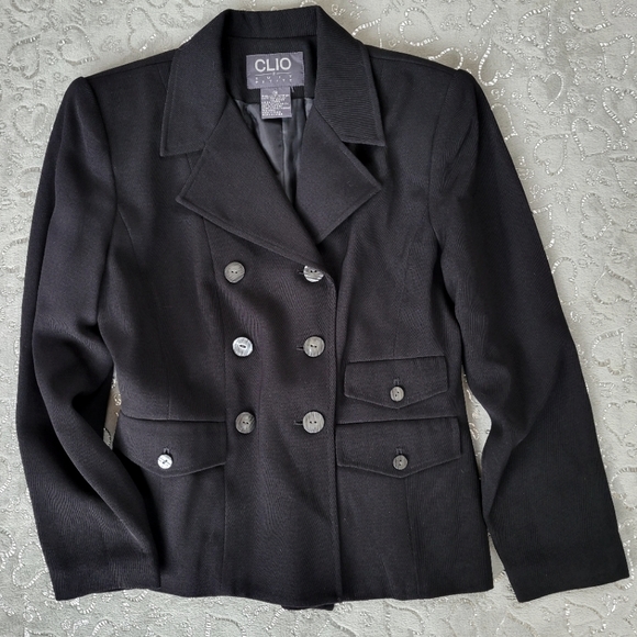 Vintage Black Clio Blazer Double Breasted Short Lightweight Military Pea Coat 10 - Picture 1 of 8